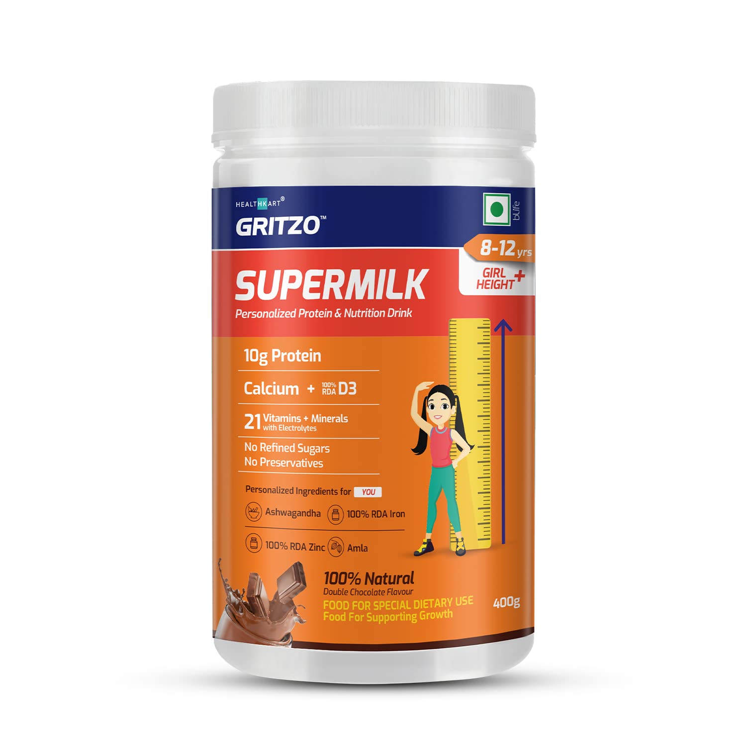 Gritzo SuperMilk Height+ for 8-12y Girls, Health Drink for Kids, High Protein (10 g), with Calcium, Vitamin D3, 21 Vitamins & Minerals, Zero Refined...