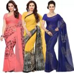 ishin Women's Georgette printed saree combo of 3 with attached Blouse